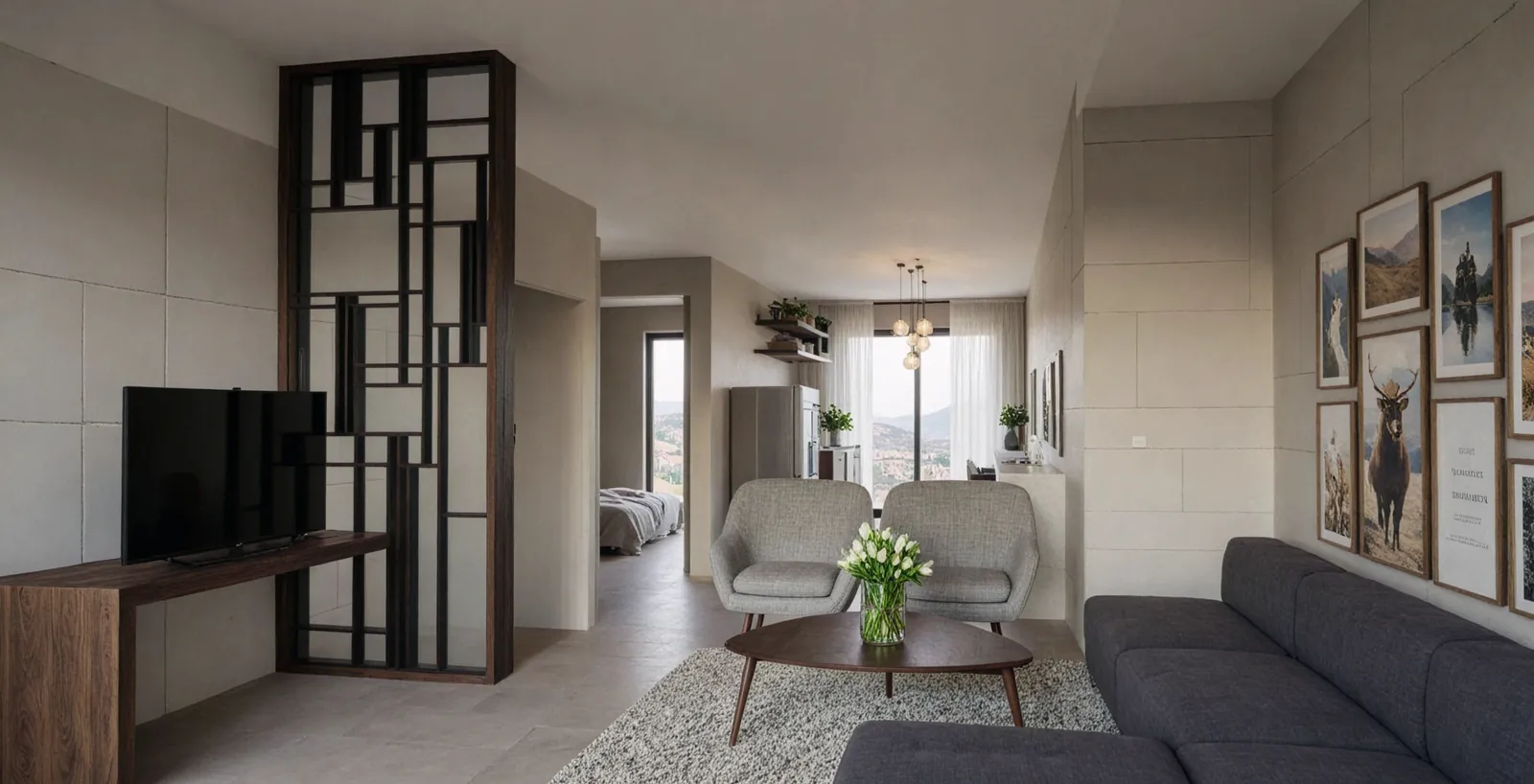 Family lounge with geometric metal screen and gallery wall, mountain view beyond.